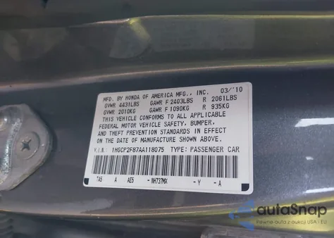 2010 Honda Accord 2.4 Ex-L from USA, damaged, VIN 1HGCP2F87AA118075